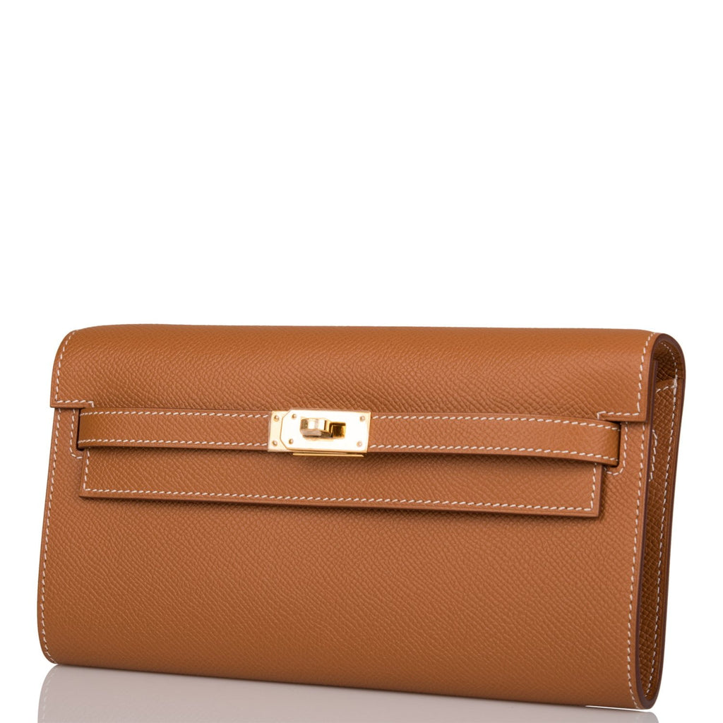 Hermes Kelly Classique To Go Wallet W/Strap Parchemin Ostrich Leather 3C  Gold Ha