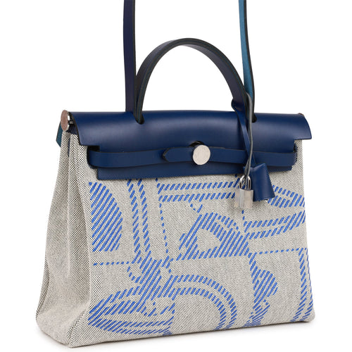 Hermes Herbag Zip PM 31 Brides de Gala Toile H Berline Bleu France Hunter Palladium Hardware