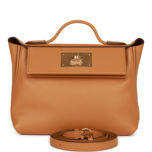 Hermes Mini 24/24 Bag Caramel Evercolor and Sesame Swift Verso Gold Hardware