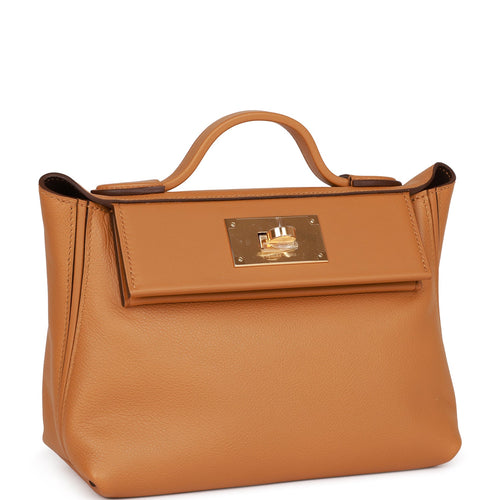 Hermes Mini 24/24 Bag Caramel Evercolor and Sesame Swift Verso Gold Hardware