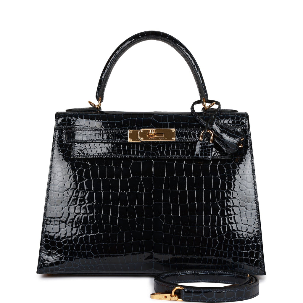 Hermes Kelly Sellier 25 Braise Shiny Porosus Crocodile Gold Hardware