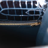 Hermes Kelly Sellier 28 Bleu Baltique Shiny Porosus Crocodile Gold Hardware