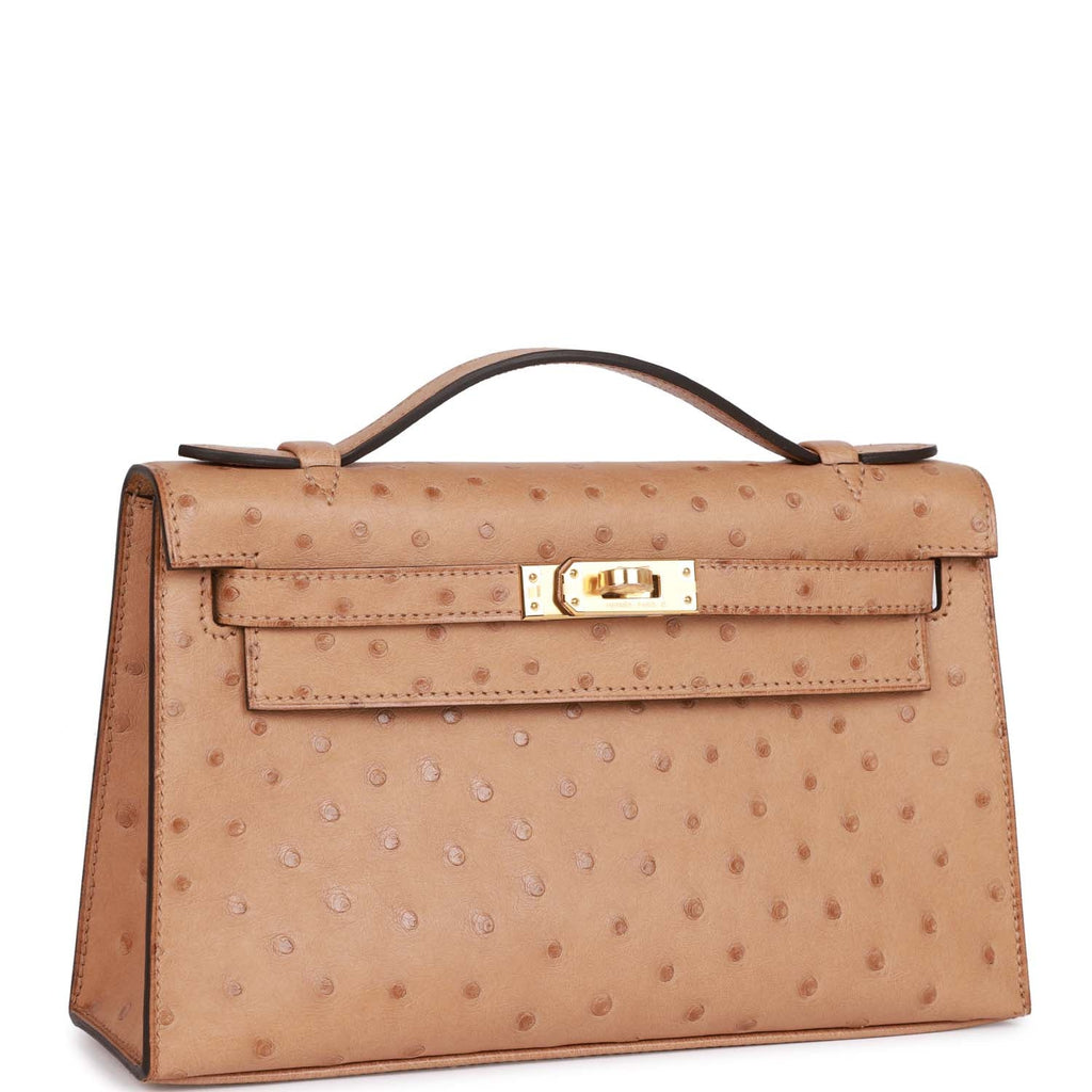 Hermes Kelly Pochette Terre Cuite Ostrich Leather Handbag - Authentic Pre-Owned Designer Handbags