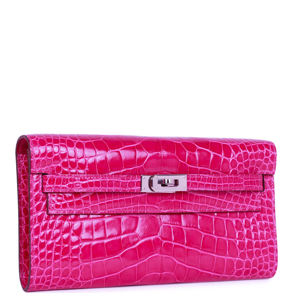 Pre-owned Hermes Kelly Wallet To Go Rose Scheherazade Shiny Alligator