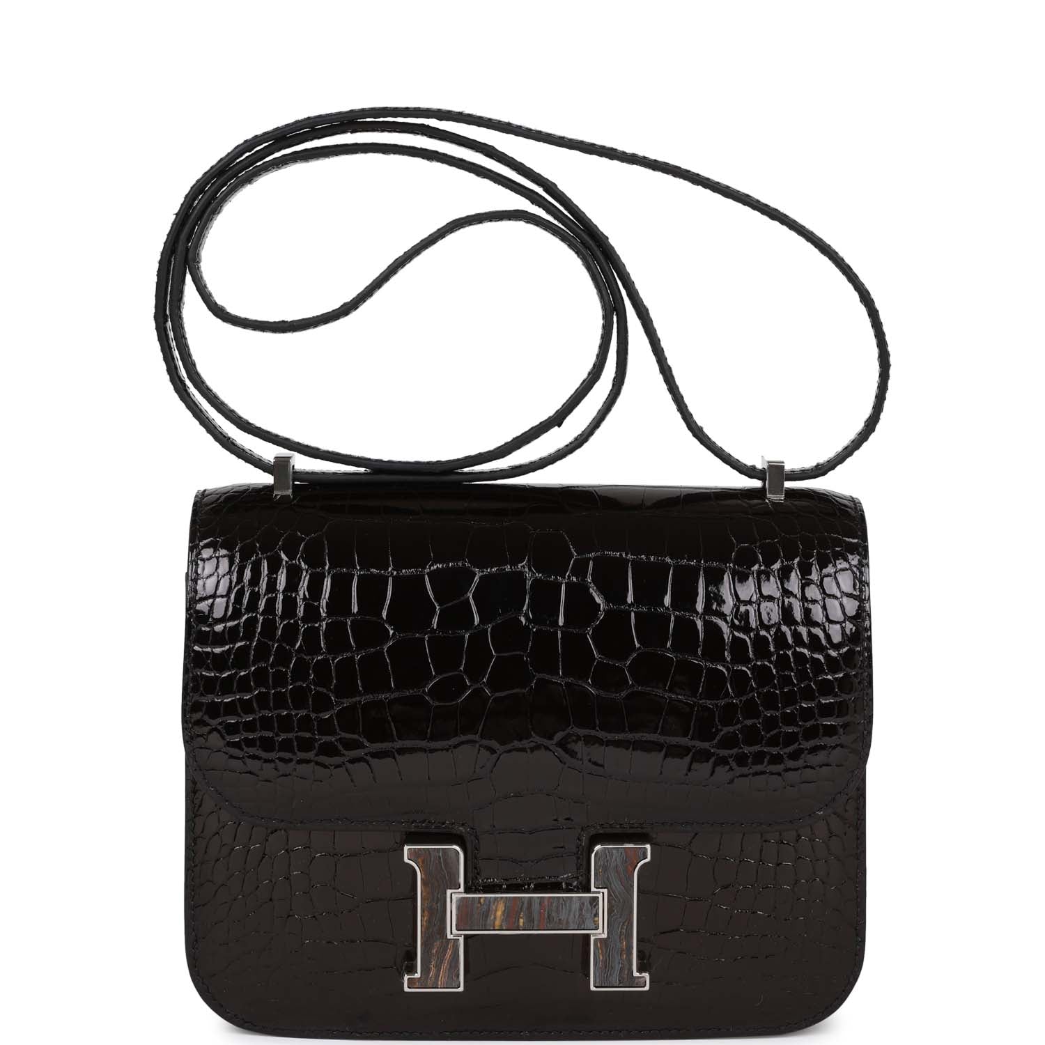 Hermes Constance 18 Black Shiny Alligator Palladium Tiger's Eye Hardwa ...