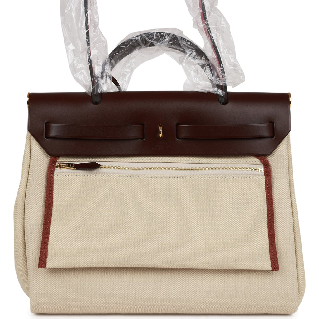 Hermes Brown Vache Leather and Toile Herbag PM with Gold Hardware