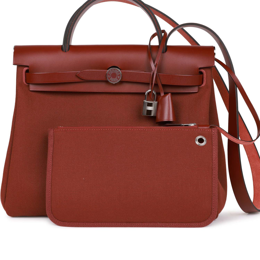 Hermes Herbag Zip 31 Rouge Venetian/Rouge Piment/Rose Extreme Toile H and  Vache Hunter Palladium Hardware