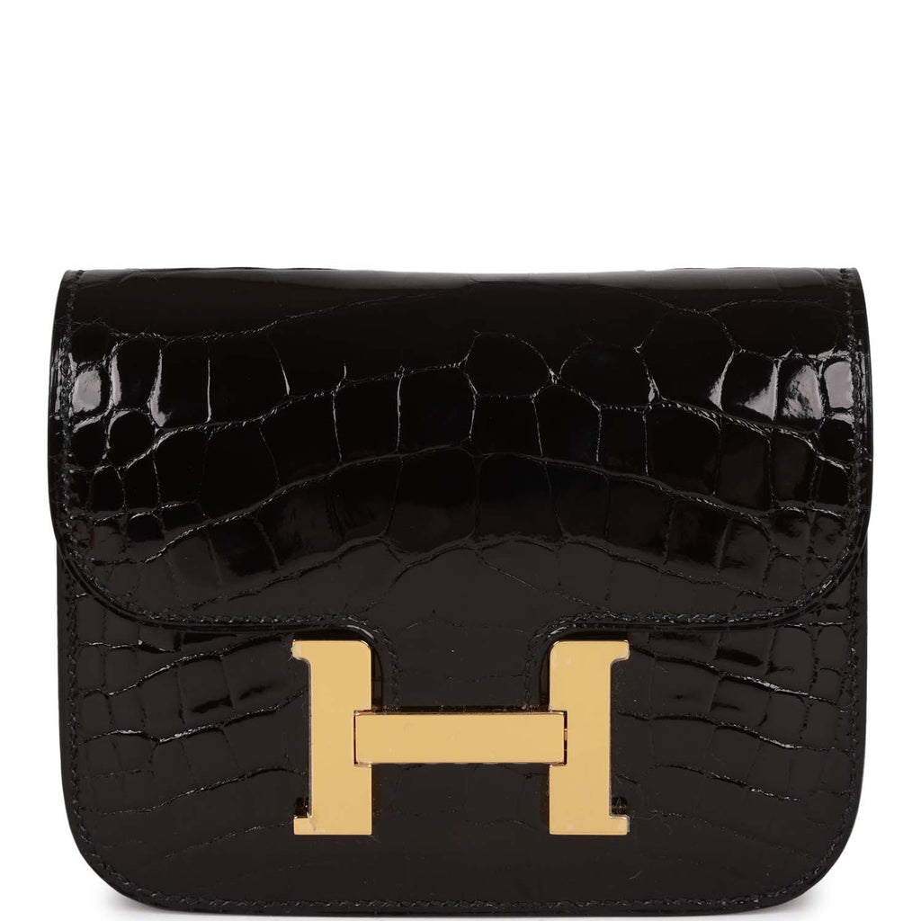 Hermes Constance Slim Wallet Shiny Black Alligator Gold Hardware