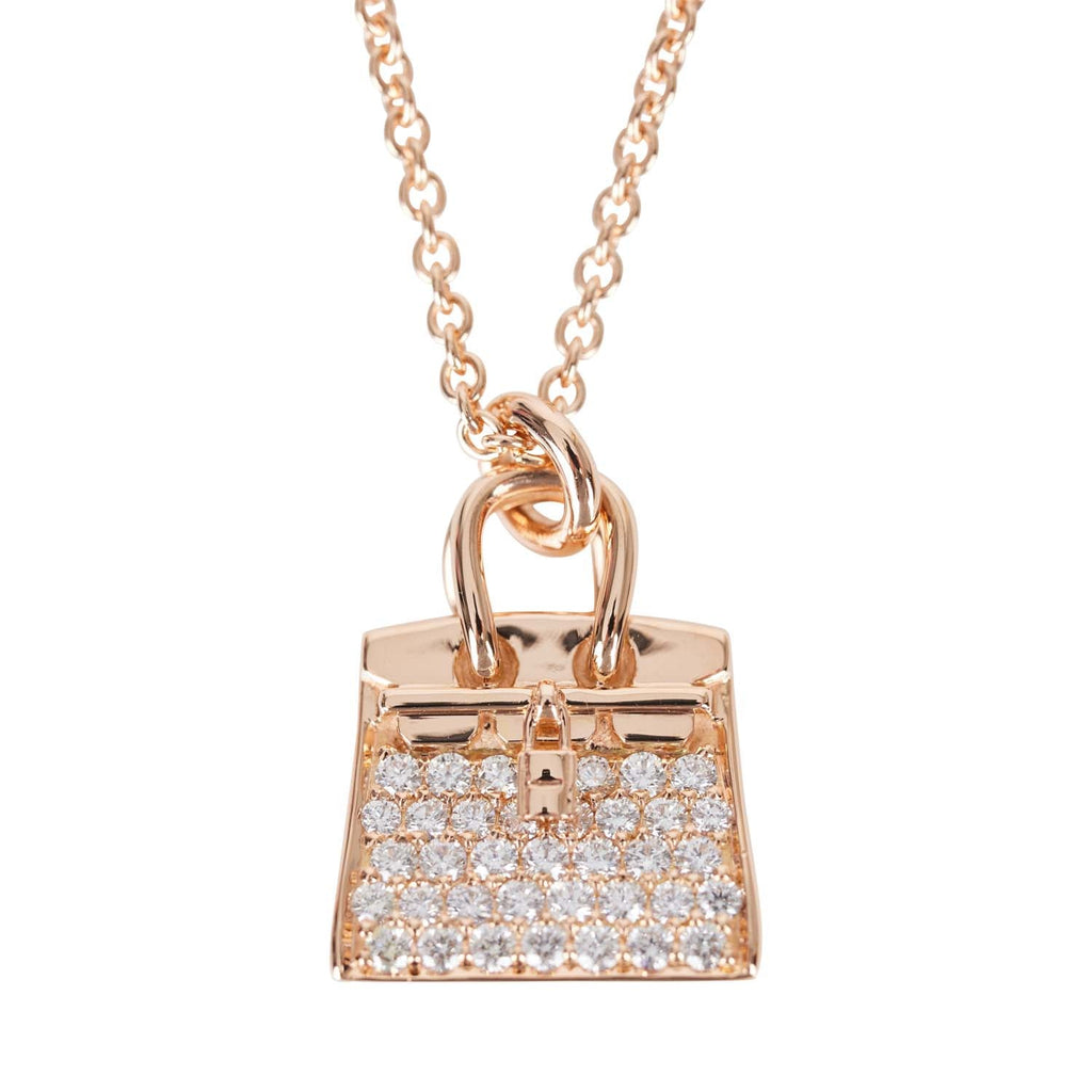 Hermes 18k Rose Gold and Diamond Birkin Pendant Necklace - Yoogi's Closet