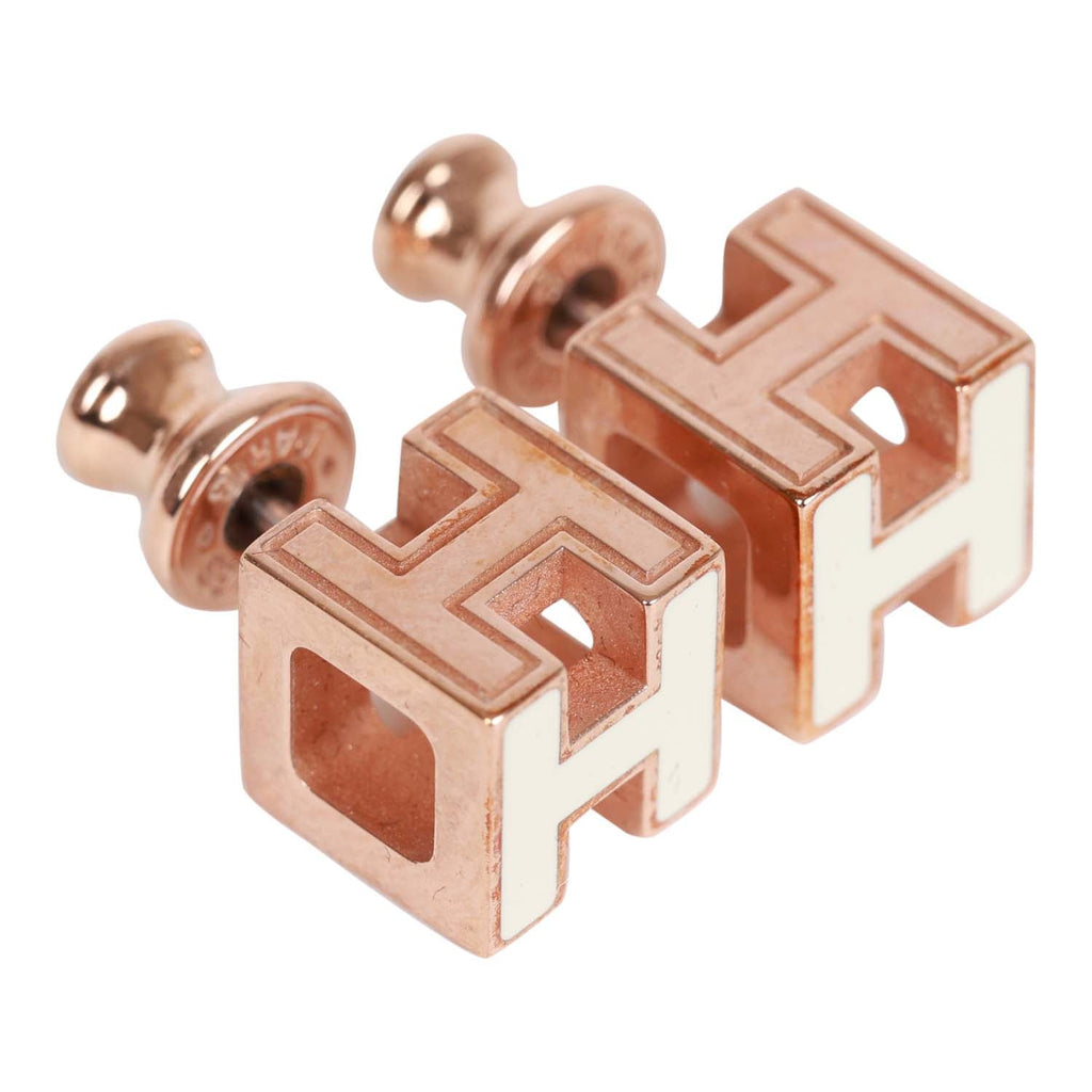 Hermes Cage d'H Earrings White Lacquered Rose Gold