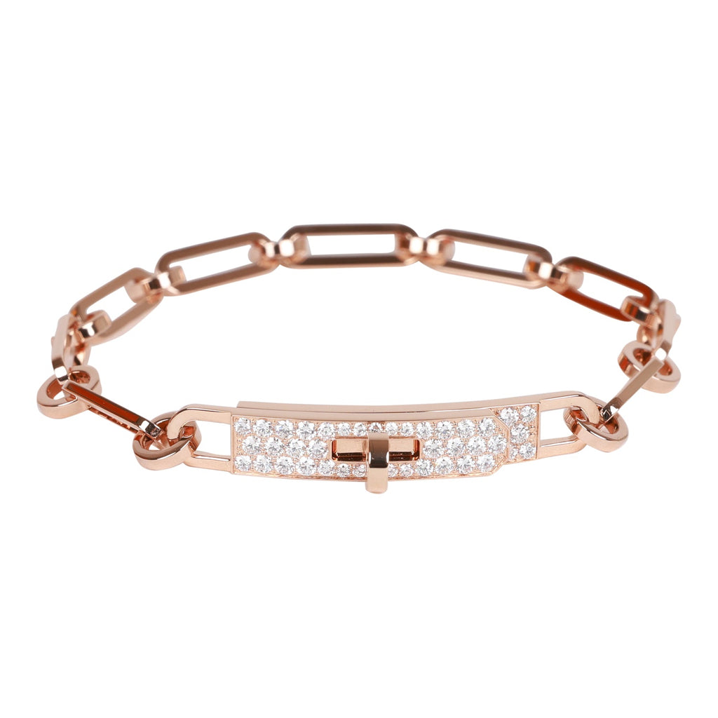 Hermes 18k Rose Gold Diamond Pave PM Kelly Chaine Bracelet