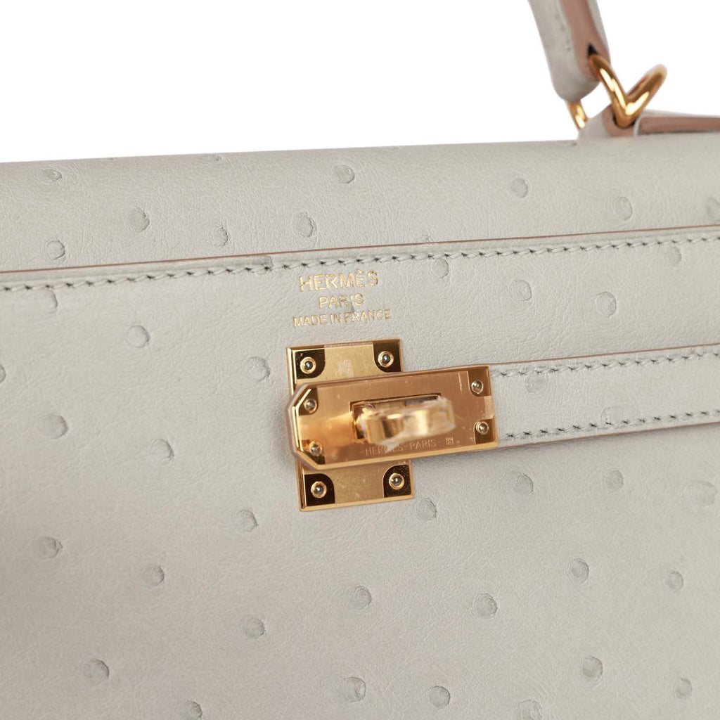 Hermes Special Order (HSS) Kelly Sellier 28 Gris Agate and Gris Perle Ostrich Brushed Gold Hardware Grey Madison Avenue Couture