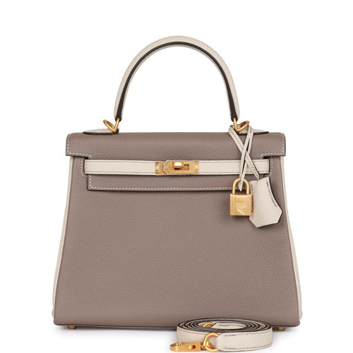 Hermes Special Order (HSS) Kelly Retourne 25 Gris Asphalte and Craie Togo Brushed Gold Hardware