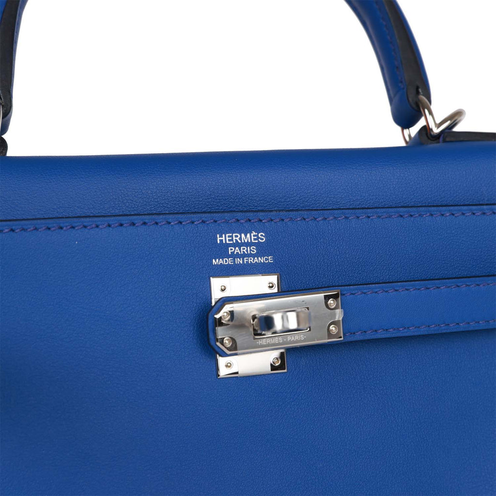 HERMÈS Kelly 25 handbag in Blue Brume Swift leather with Palladium
