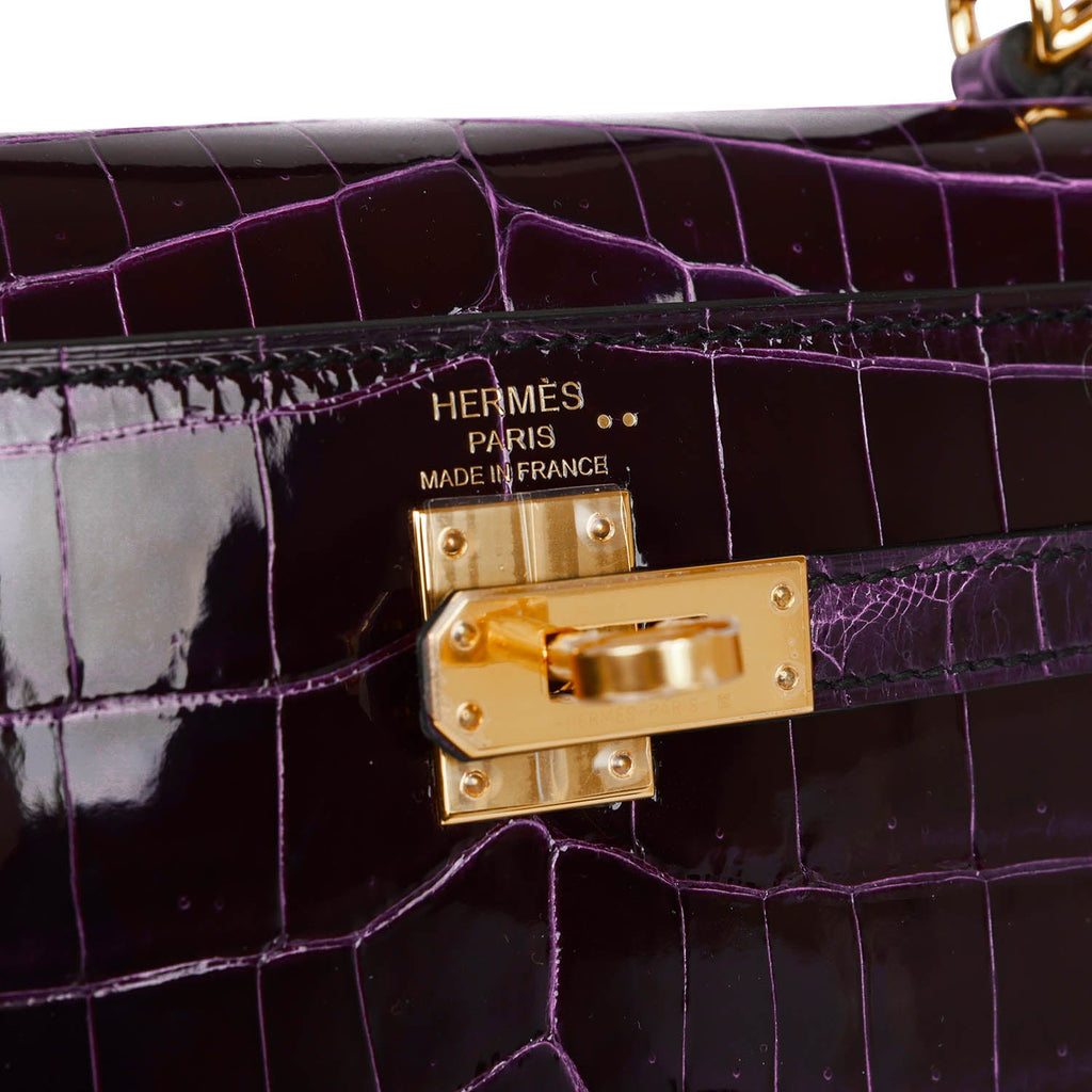 Hermes Kelly 25 Bag Sellier Crocodile Prunoir Gold Hardware