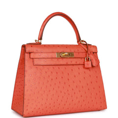 Pre-owned Hermes Kelly Sellier 28 Tangerine Ostrich Gold Hardware