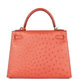 Pre-owned Hermes Kelly Sellier 28 Tangerine Ostrich Gold Hardware