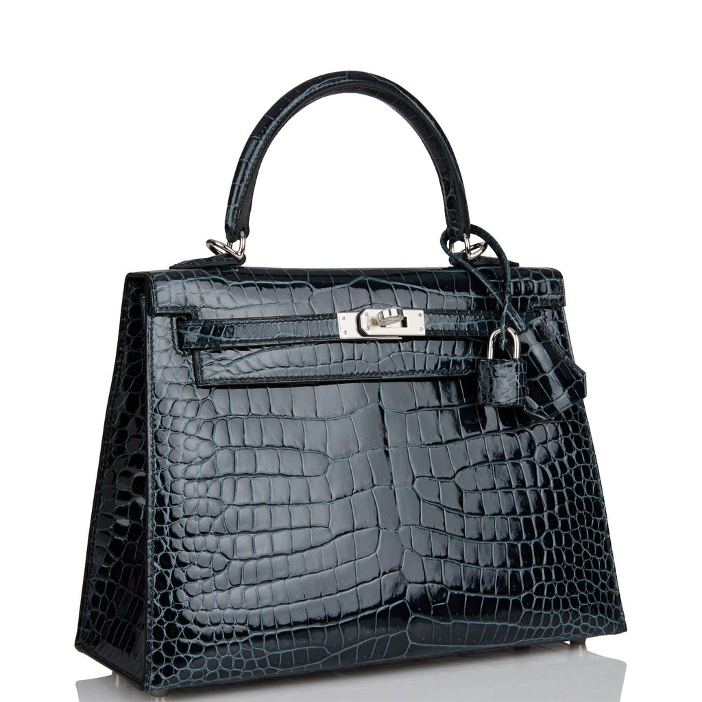 HERMES Madame Calfskin Shiny Niloticus Crocodile Kelly Sellier Touch 25  Anemone Amethyst 1077955