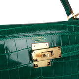 Hermes Special Order (HSS) Kelly Sellier 28 Emerald Shiny Niloticus Crocodile Gold Hardware