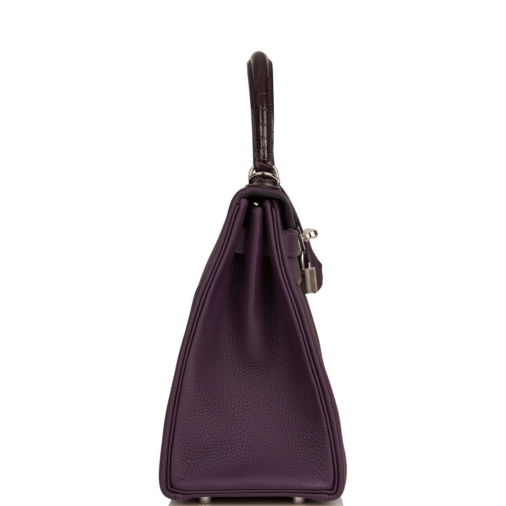 HERMES Kelly 28 Shoulder Handbag Raisin Purple Box Calfskin