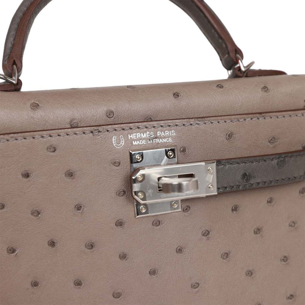 Hermes Special Order (HSS) Kelly Sellier 20 Gris Tourterelle and Beton  Ostrich Permabrass Hardware