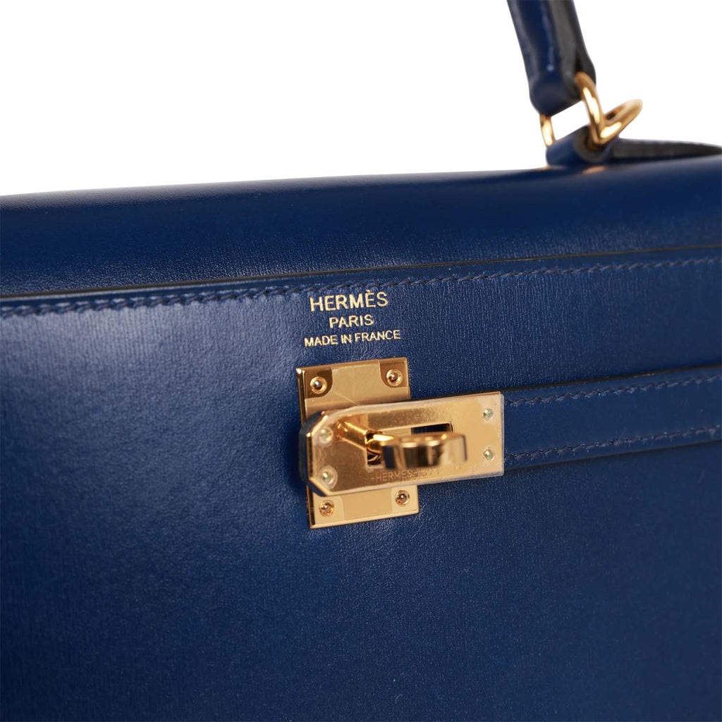 Pre-owned Hermes Kelly Sellier 25 Bleu Saphir Box Gold Hardware