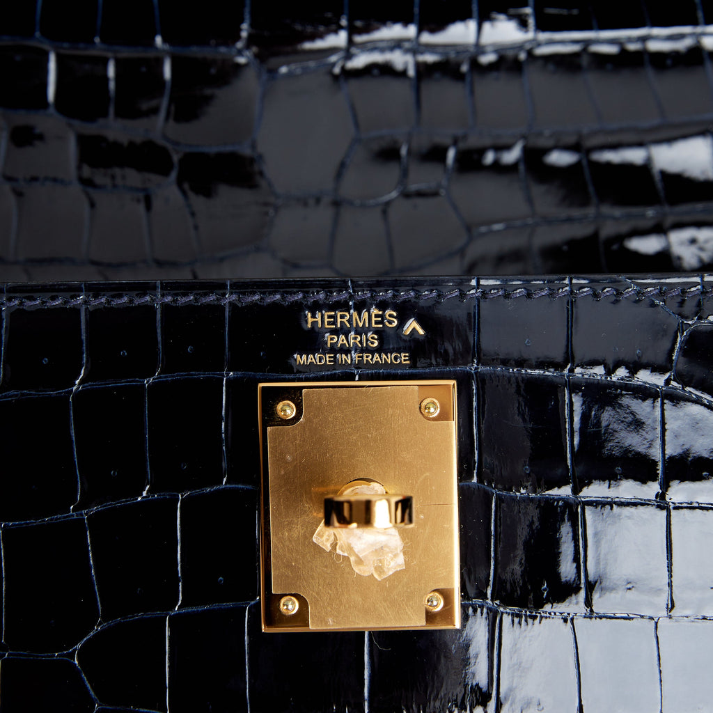 Hermès Kelly 28 Sellier Shiny Braise Porosus Crocodile Gold Hardware 