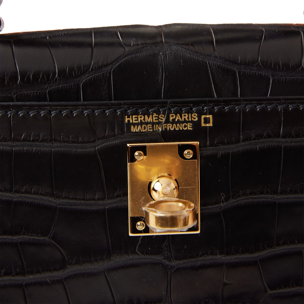 Hermes Kelly Sellier 20 Black Matte Alligator Gold Hardware
