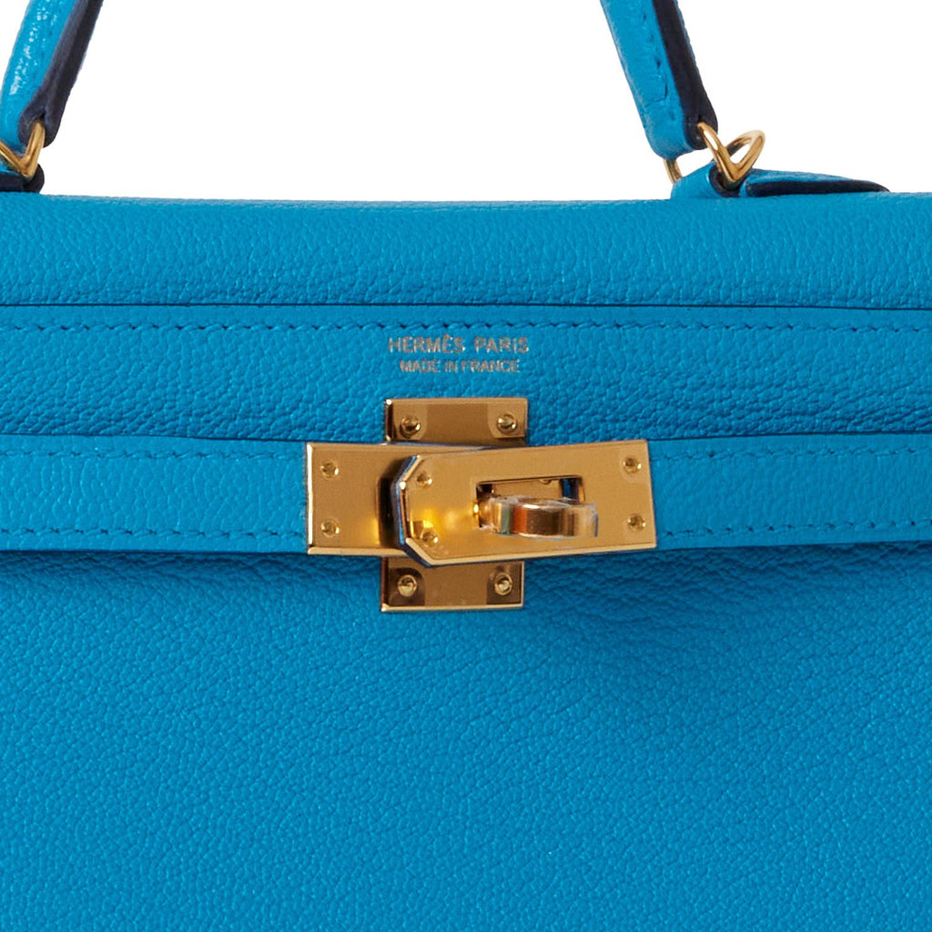 Hermes Kelly 25 Blue Frida With Gold Hardware, Preowned In Box, Z Stamp