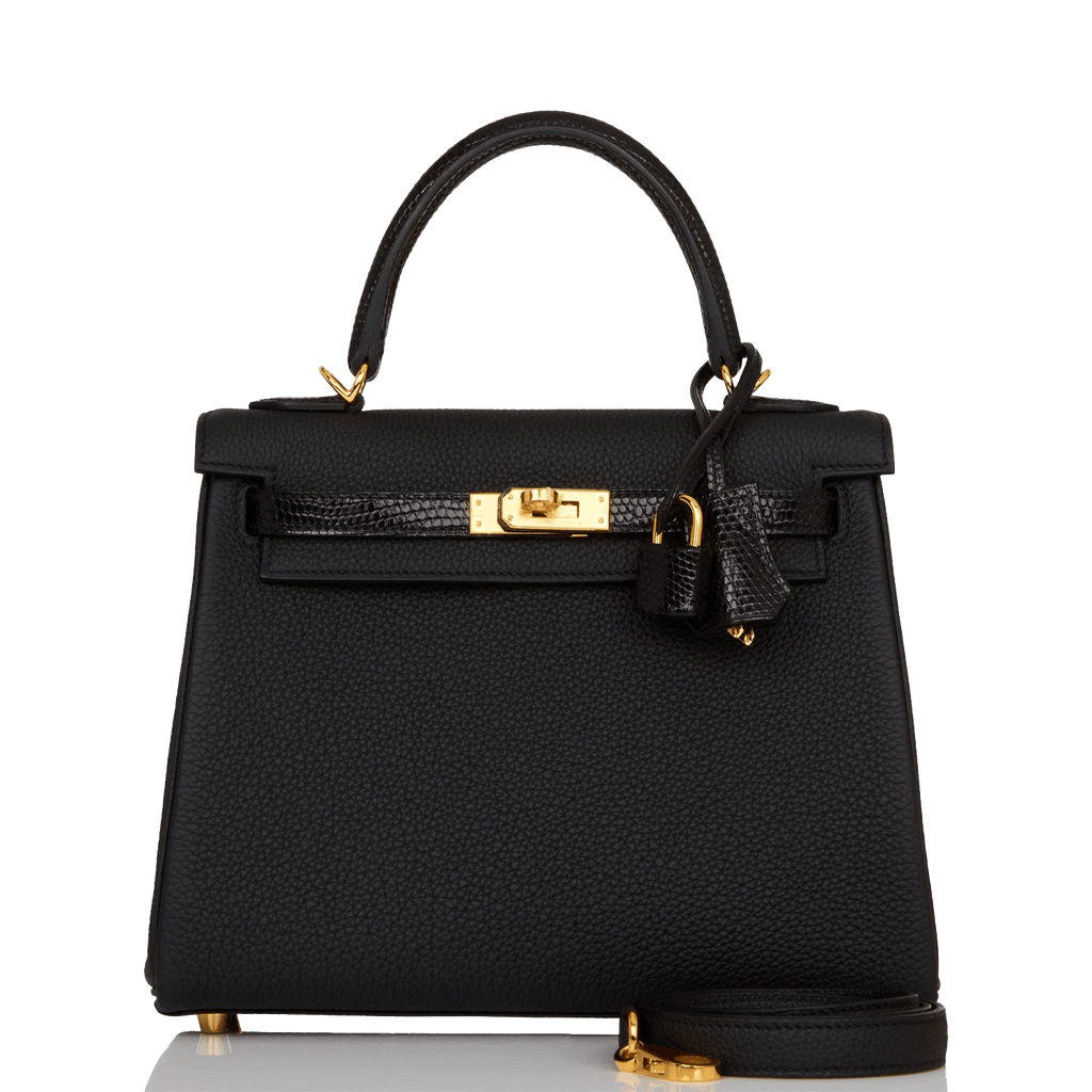 Hermes Kelly Retourne 25 Black Togo and Lizard Touch Gold Hardware