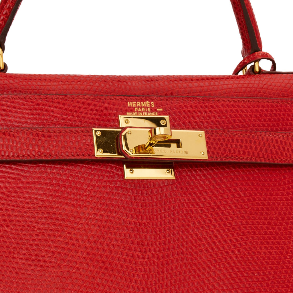 Pre-owned Hermes Kelly Sellier 28 Rouge Vif Lizard Niloticus Gold Hardware