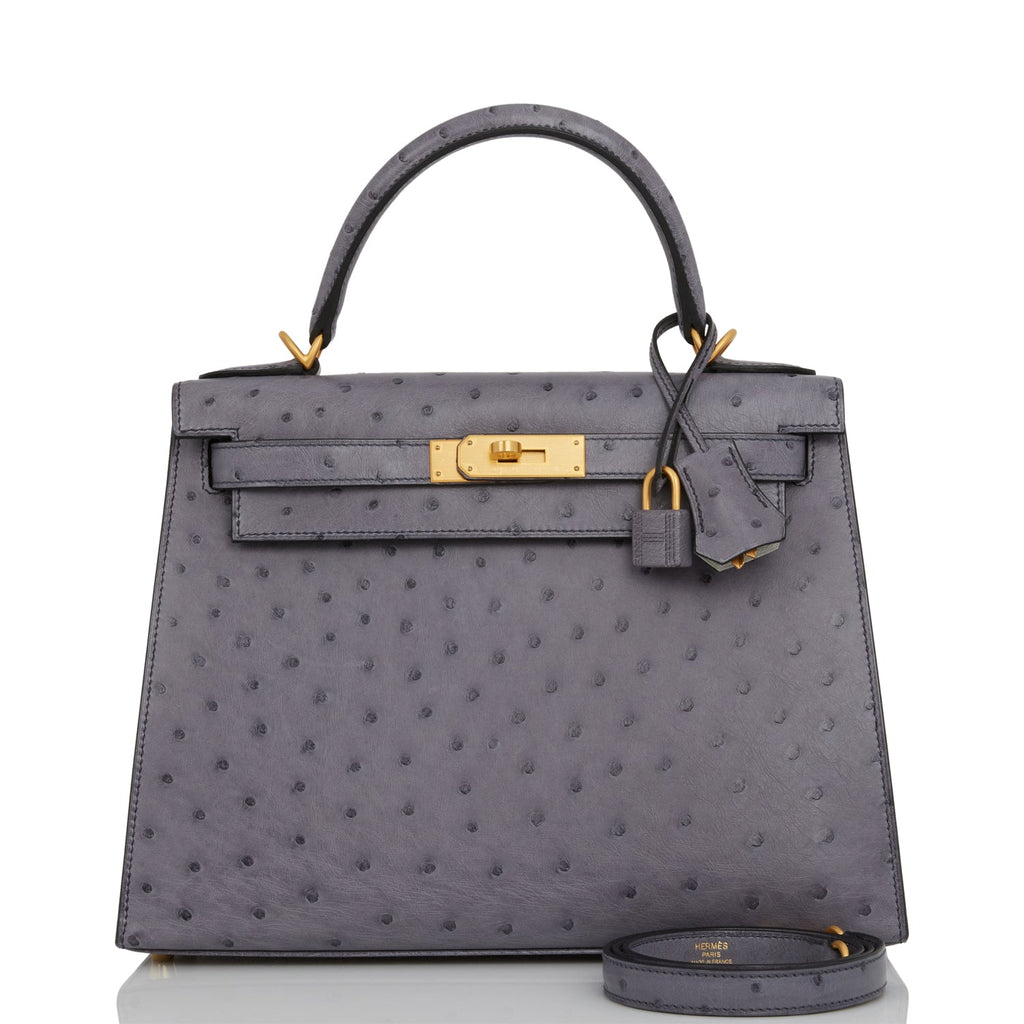 Hermes Special Order (HSS) Kelly Sellier 28 Gris Agate and Gris Perle  Ostrich Brushed Gold Hardware - Grey / New or Never…