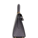 Hermes Special Order (HSS) Kelly Sellier 28 Gris Agate and Gris Perle Ostrich Brushed Gold Hardware