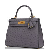 Hermes Special Order (HSS) Kelly Sellier 28 Gris Agate and Gris Perle Ostrich Brushed Gold Hardware