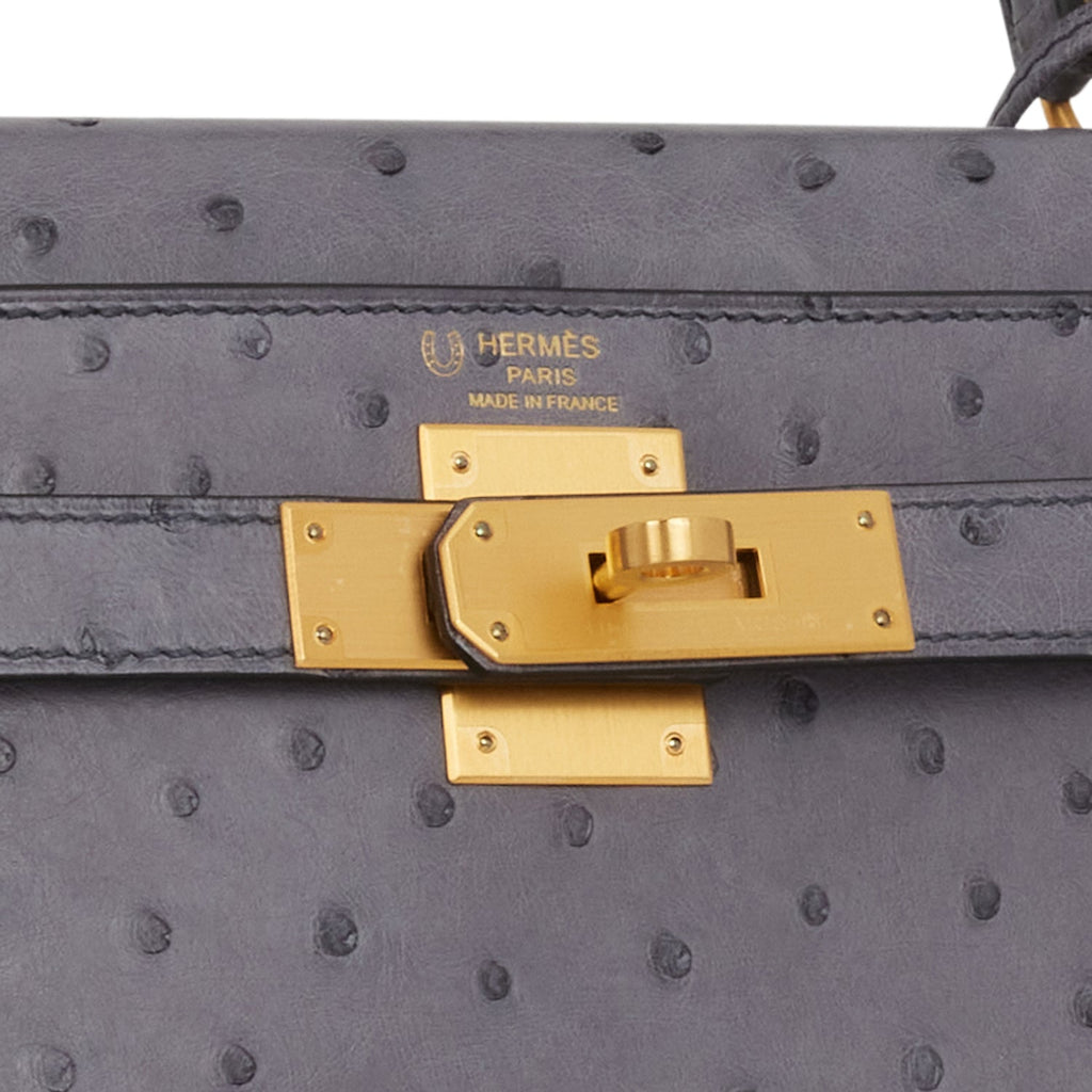 Hermes Special Order (HSS) Kelly Sellier 28 Gris Agate and Gris Perle Ostrich Brushed Gold Hardware Grey Madison Avenue Couture
