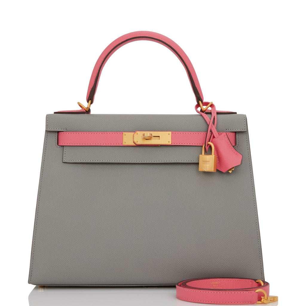 Hermes Special Order (HSS) Kelly Sellier 28 Gris Mouette and Rose Azalee Epsom Brushed Gold Hardware Grey/Pink Madison Avenue Couture