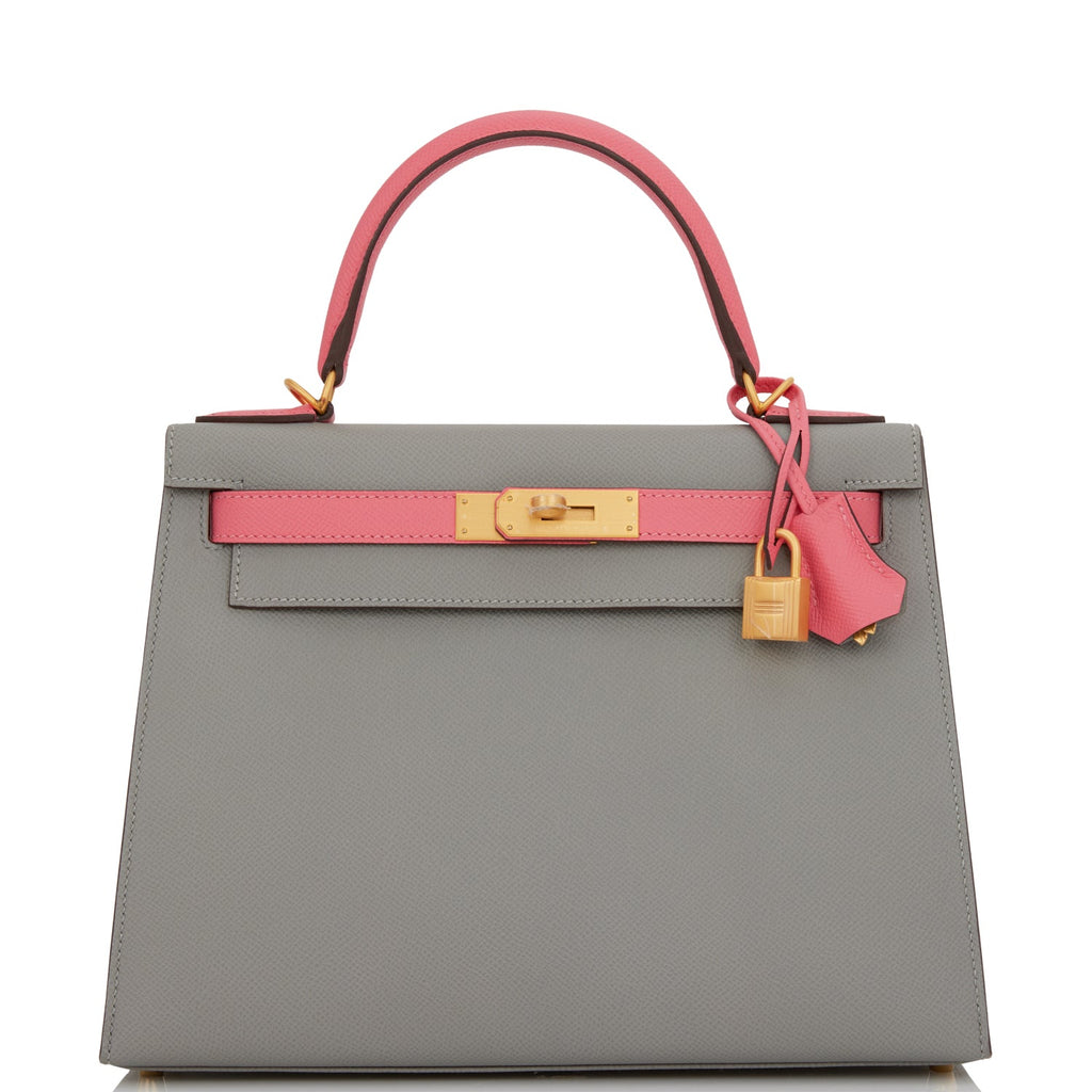 Hermes Special Order (HSS) Kelly Sellier 28 Gris Mouette and Rose Azalee  Epsom Brushed Gold Hardware