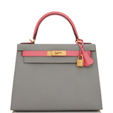 Hermes Special Order (HSS) Kelly Sellier 28 Gris Mouette and Rose Azalee Epsom Brushed Gold Hardware