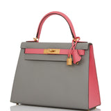 Hermes Special Order (HSS) Kelly Sellier 28 Gris Mouette and Rose Azalee Epsom Brushed Gold Hardware