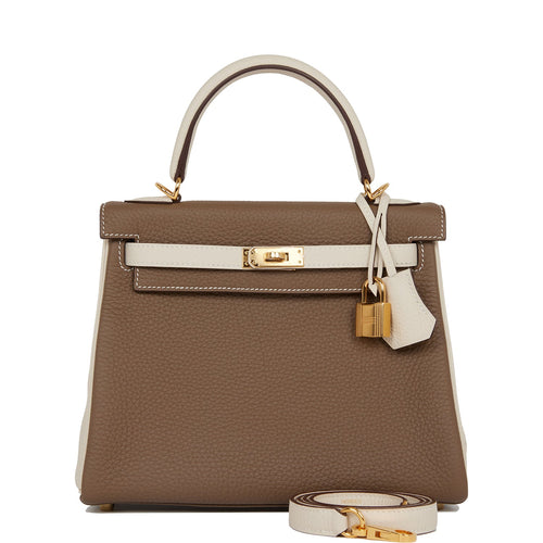 Hermes Special Order (HSS) Kelly Retourne 25 Etoupe and Craie Togo Gold Hardware