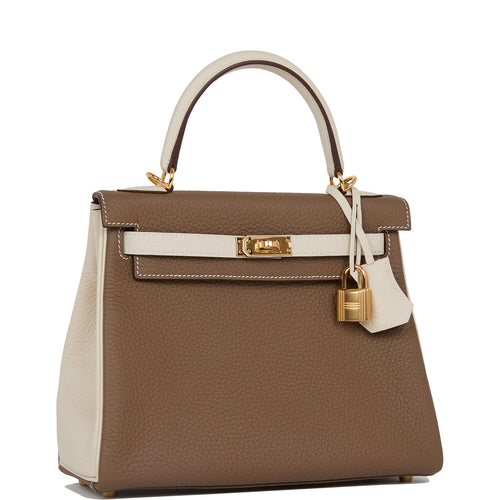 Hermes Special Order (HSS) Kelly Retourne 25 Etoupe and Craie Togo Gold Hardware