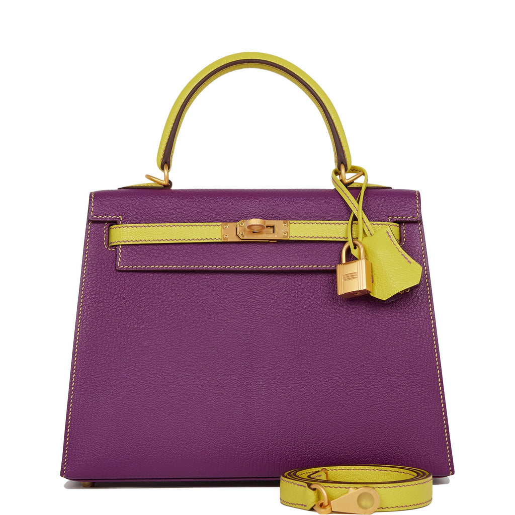 Hermes Special Order (HSS) Kelly Sellier 25 Anemone and Lime Chevre Brushed Gold Hardware