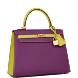 Hermes Special Order (HSS) Kelly Sellier 25 Anemone and Lime Chevre Brushed Gold Hardware
