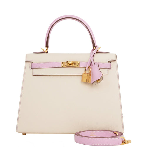 Hermes Special Order (HSS) Kelly Sellier 25 Craie and Mauve Sylvestre Epsom Gold Hardware
