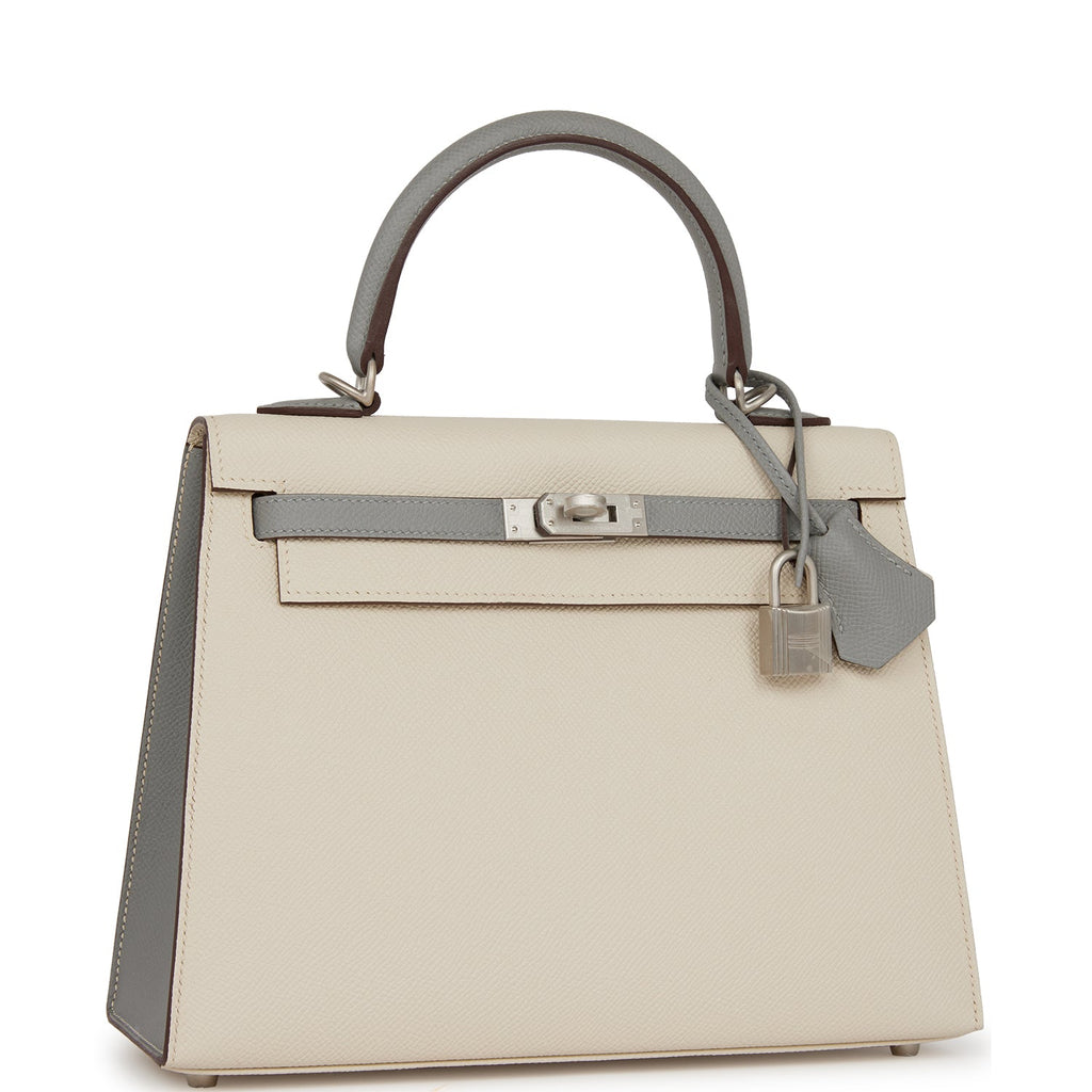 Hermes Kelly 25 Sellier HSS Gris Mouette And Magnolia Epsom Brushed Gold
