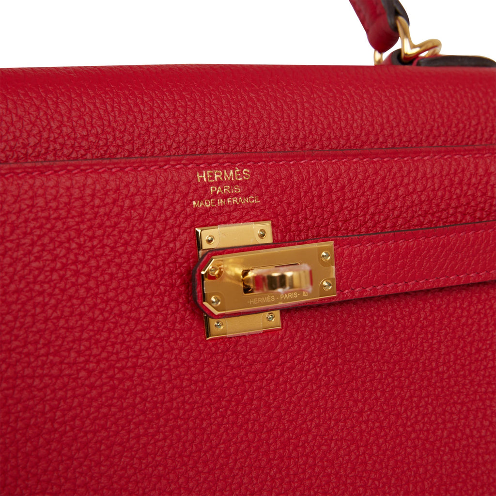 Hermes Kelly bag 25 Retourne Rouge casaque Togo leather Gold