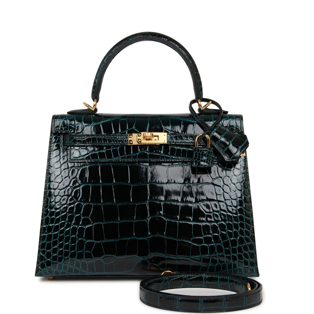 Hermes Kelly Sellier 25 Vert Rousseau Madame and Shiny Niloticus Crocodile  Touch Gold Hardware