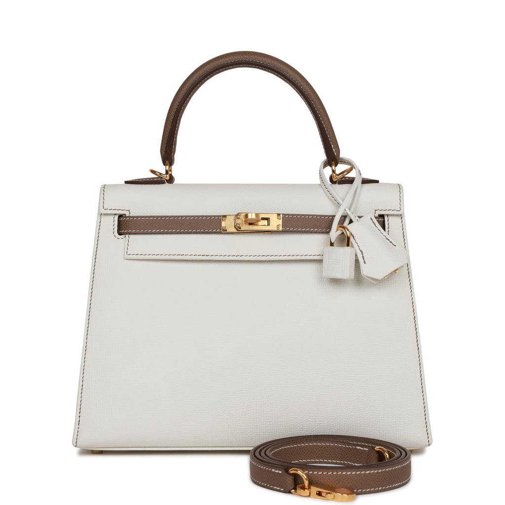 Hermes HSS Kelly Sellier 25 White and Etoupe Epsom Gold Hardware – Madison  Avenue Couture
