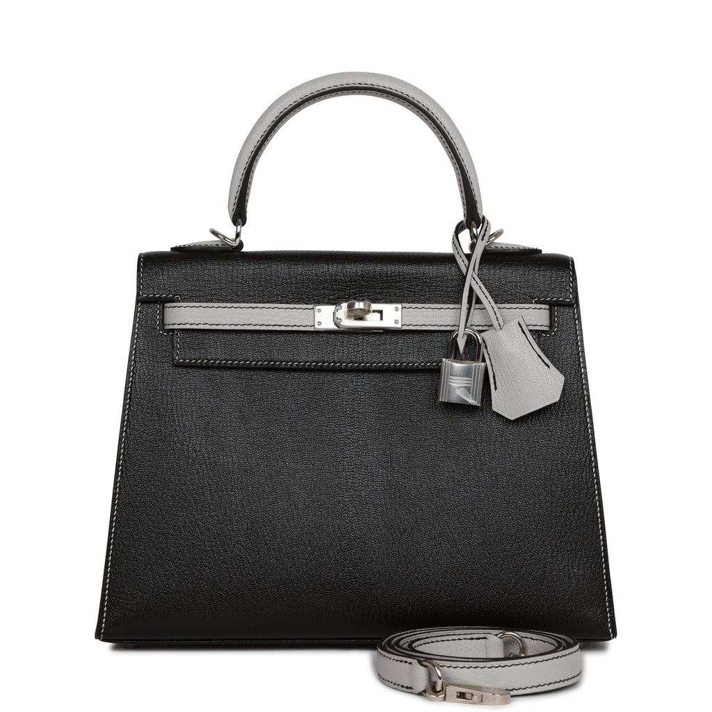 Hermes Special Order (HSS) Kelly Sellier 25 Gris Perle and Nata Chevre  Brushed Gold Hardware