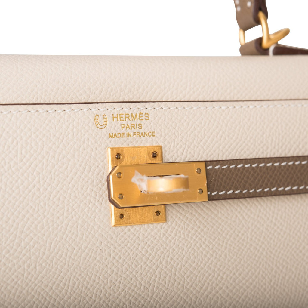 Hermes Special Order (HSS) Kelly Sellier 25 Etoupe and Craie Epsom brushed Gold Hardware